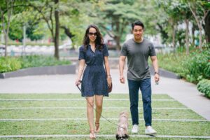 couple walking dog in park