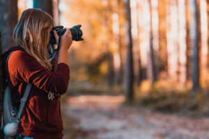 Photographer shooting photos in the woods